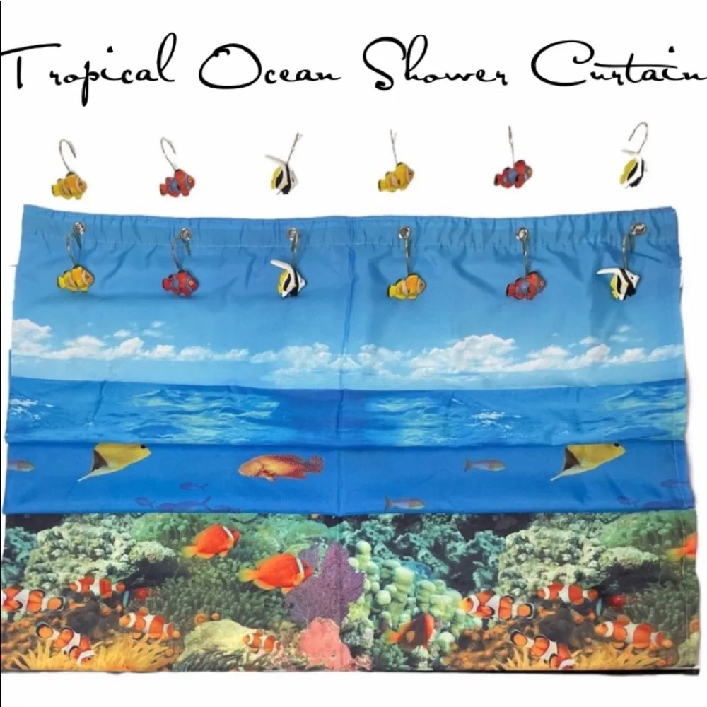 Shower Curtain Ocean Escape Set Curtain & Hooks Tropical Fish Nautical Beach